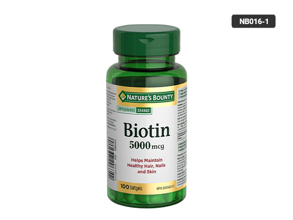Natures Bounty Biotin 5000mcg 100 softgels help to maintain healthy hair, nails and skin